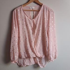 Love J Shirt Womens Large Pink Sheer Blouse Long Sleeve Polka Dot Cover Up Top